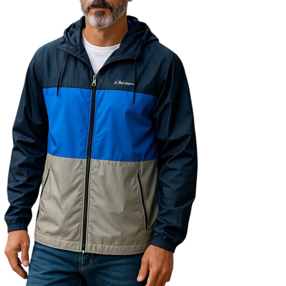 A9-  Eddie Bauer blue and grey Windbreaker pockets zip up jacket medium